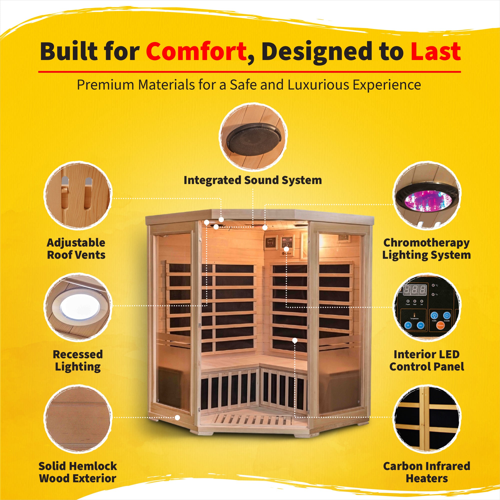 Sonoma 3 Per Hemlock Corner Sauna W/7 Carbon Heater