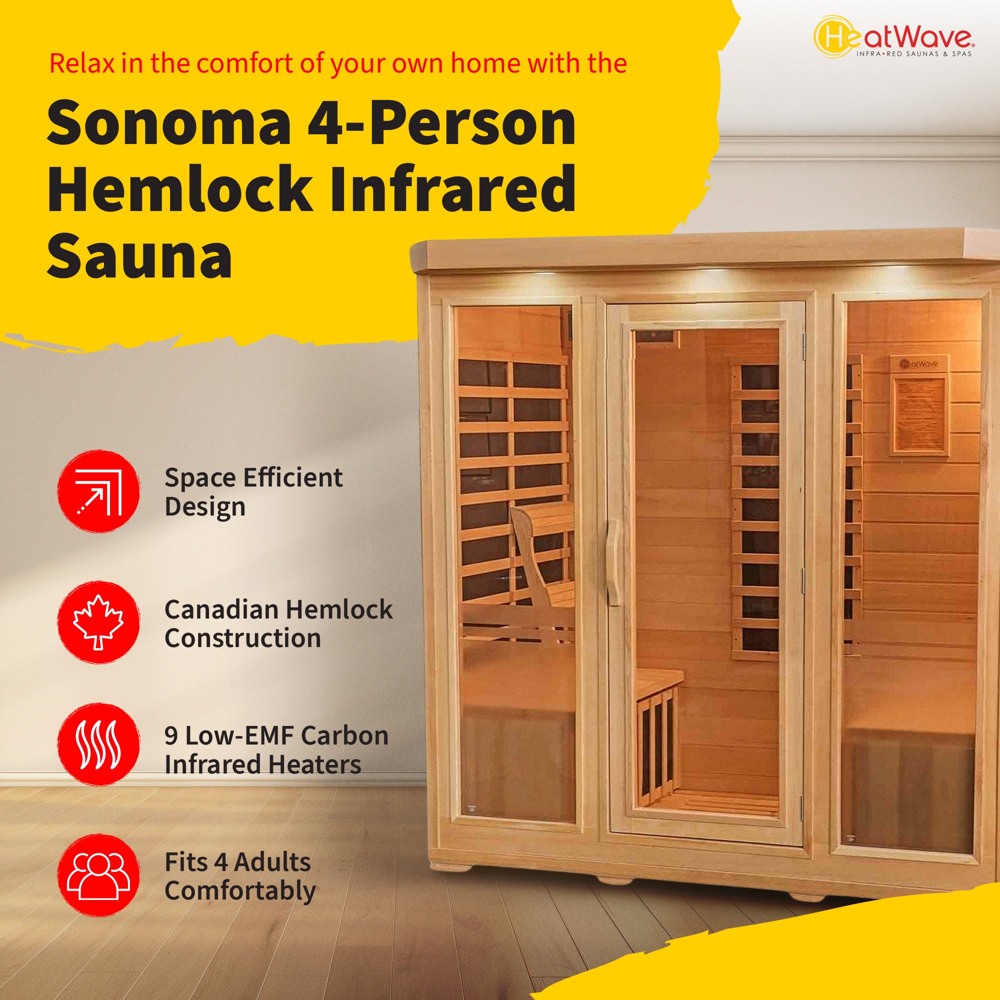 Sonoma 4-Person Hemlock Sauna With 9 Carbon Heaters