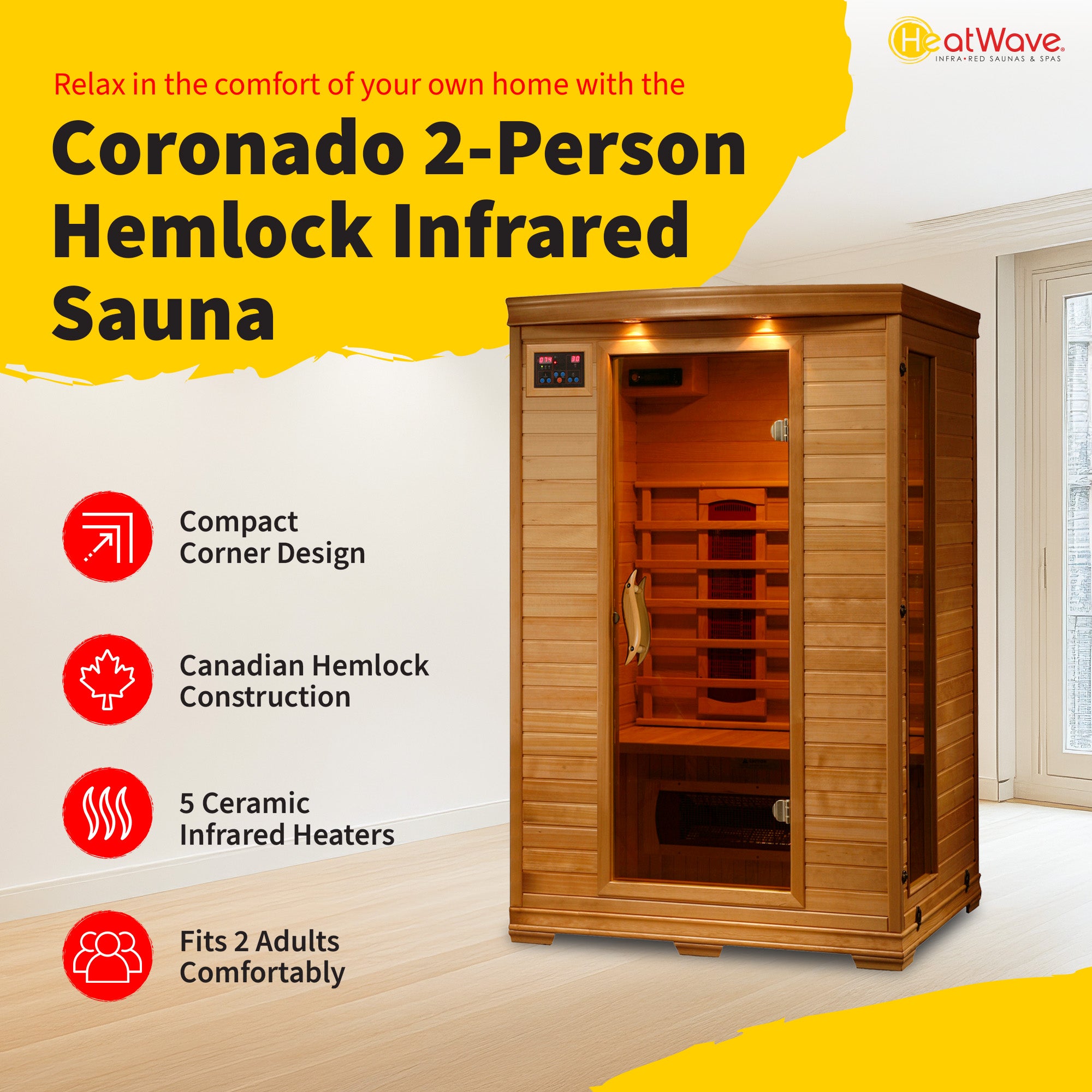 Coronado 2-Person Hemlock Infrared Sauna with 5 Ceramic Heaters