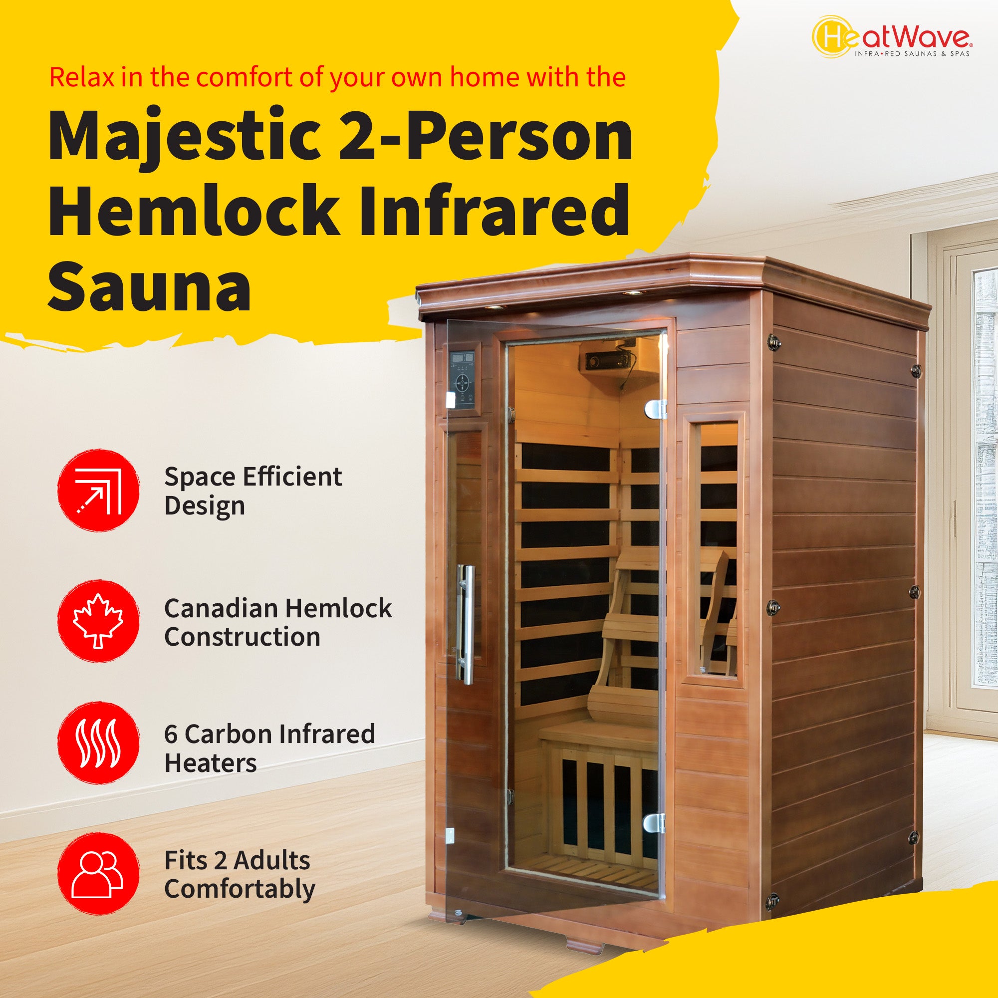 2-Person Hemlock Premium Infrared Sauna with 6 Carbon Heaters