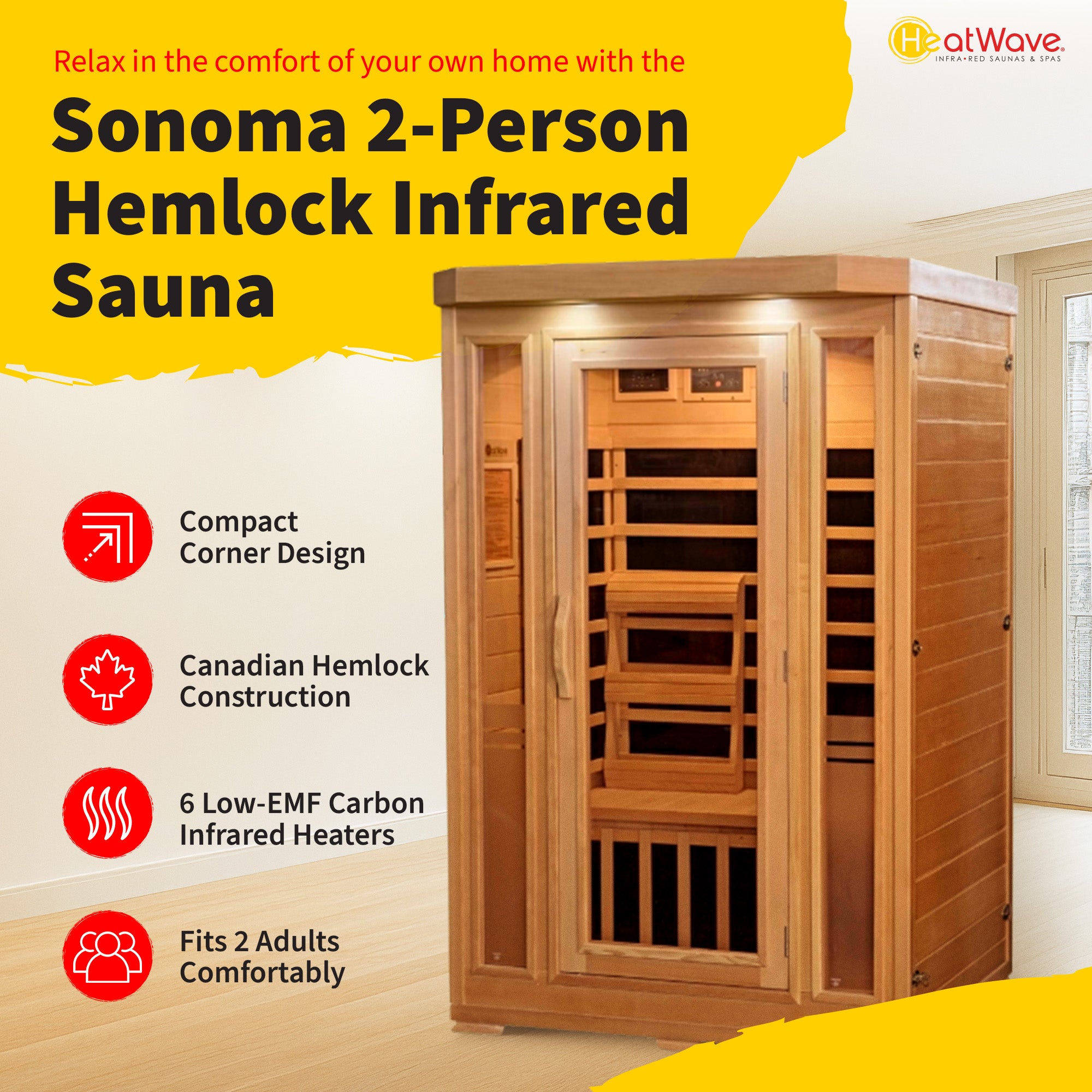 Sonoma 2-Person Hemlock Sauna With 6 Carbon Heaters