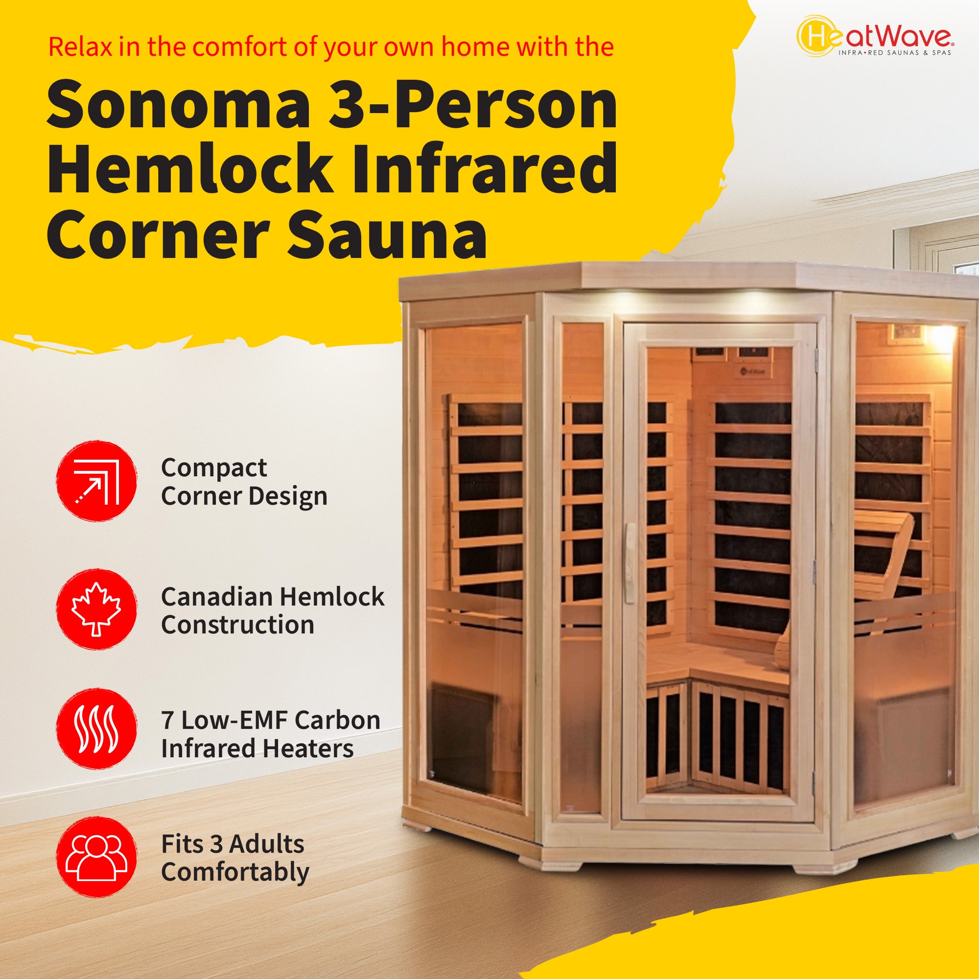 Sonoma 3 Per Hemlock Corner Sauna W/7 Carbon Heater